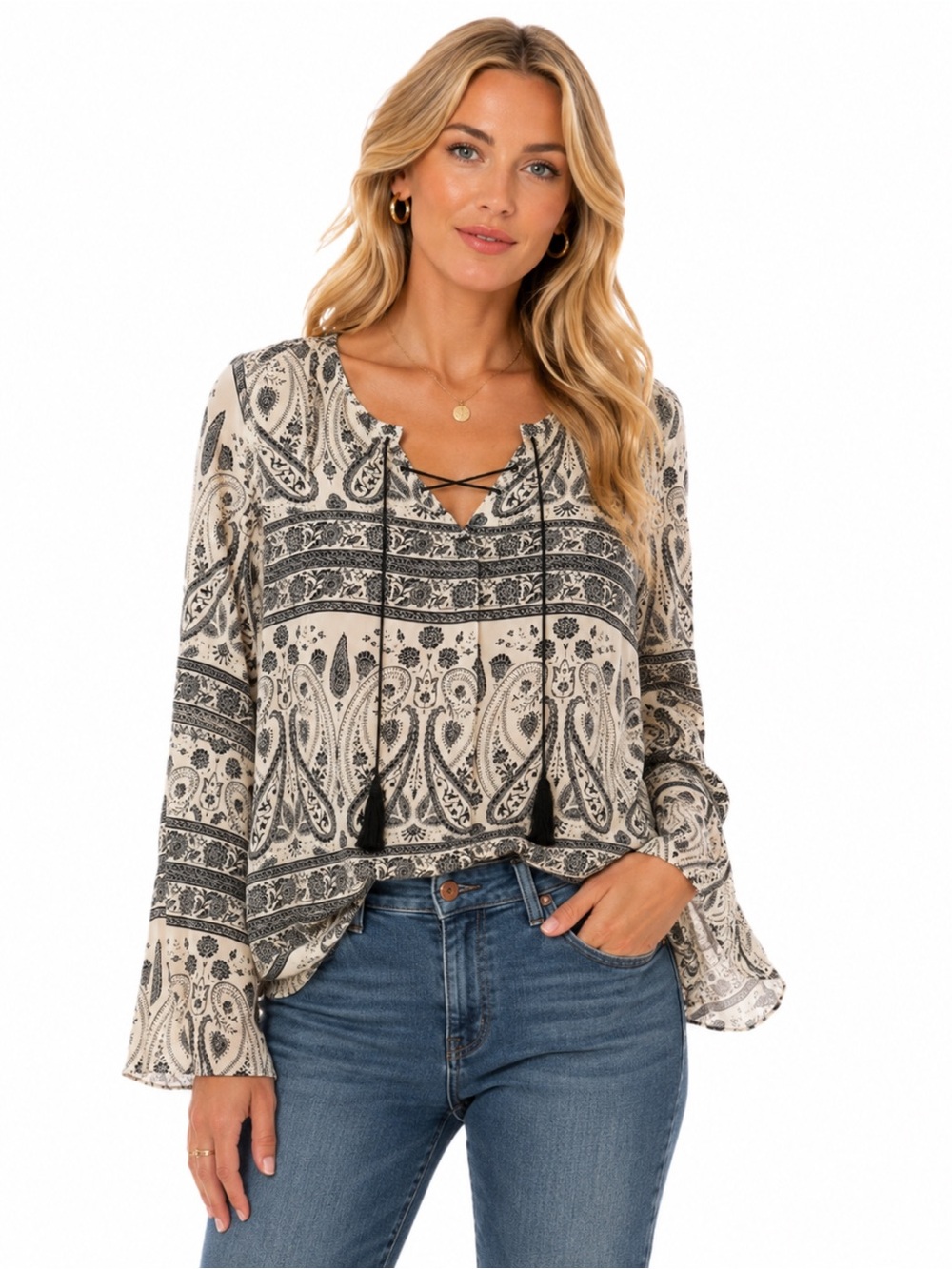 Lumière Boho Paisley Blouse l Medium Black White Bell Sleeve Tassels Peasant Top